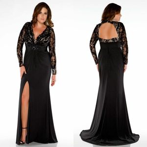 Robe de soirée PLUS TAILLE Robe noire à manches longues pas cher Col en V profond Dos ouvert Sexy Dentelle Vêtements de cérémonie Longueur au sol Robe fendue Femmes