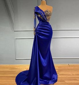 Robe de soirée robes de bal fête formelle trompette une épaule manches longues paillettes appliques perles cristal satin bleu royal plissé personnalisé grande taille fermeture éclair à lacets nouveau