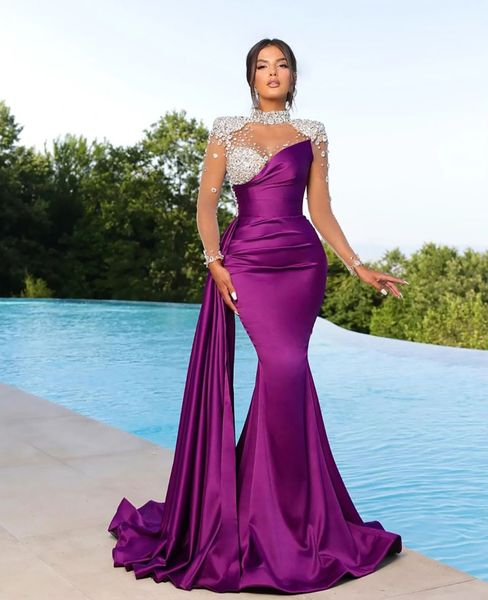 Robe de soirée robes de bal fête formelle trompette manches longues paillettes appliques perles cristal satin personnalisé grande taille fermeture éclair à lacets nouveau col haut violet illusion