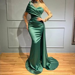 Robe de soirée verte à col haut pour filles noires, tenue de soirée d'anniversaire en cristal perlé, plissée, style sirène, robes de bal formelles