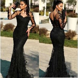 En dentelle de la soirée sirène noir arabe 2020 à manches longues transparentes en tulle applique de longueur de sol robes de bal robes de fête BC2671