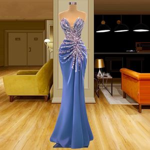 Avond zeemeermin sprankelende jurken mouwloze Deep V Neck D Lace satijnen vloer lengte Appliques pailletten beadeld beroemde plus size feestjurken prom jurken ress ress ress