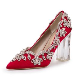 Chaussures de soirée en cristal, fleurs grossières, talons épais de 10cm, musique claire, danse, escarpins pour mère de la mariée, raisin, vin rouge
