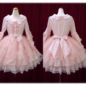 Avond roze lolit jurken juweel nek lange mouw schattige prom boog toegewezen kant moe tuLle chiffon knielengte op maat gemaakte feestjurk