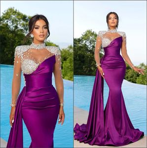 Avond Purple Elegant Peach Mermaid Dresses High Neck Sheer Appliques Beads Illusion Long Sleeve Plats Ruches Formal OCN Prom -jurken BC16781 0416