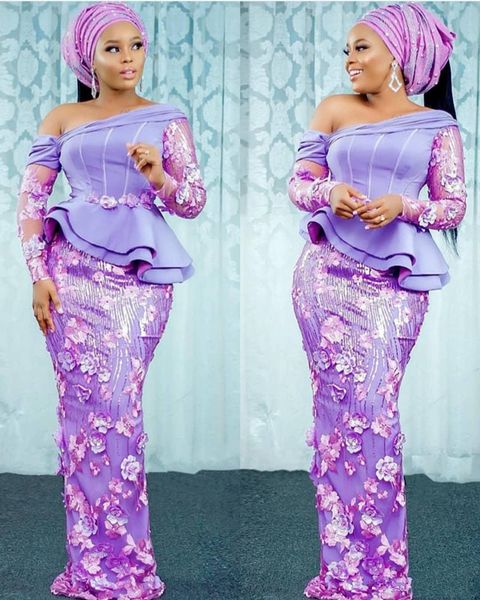 Soirée Violet Nigérian Africain Aso Ebi Dentelle Styles Hors Épaule Peplum Puffy Manches Longues Sirène Robes De Bal Robes Formelles