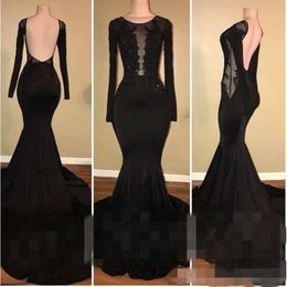 Avond sexy zwarte zwarte mouwen jurken backless schep nek illusie lijfje kanten applique kralen formele ocn slijtage prom jurk