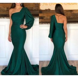 Avondmouwen groene donkere lange jurken satijn een schouderontwerper terug op maat gemaakte prom feestjurk formele ocn slijtage zeemeermin plus size vestidos de novia