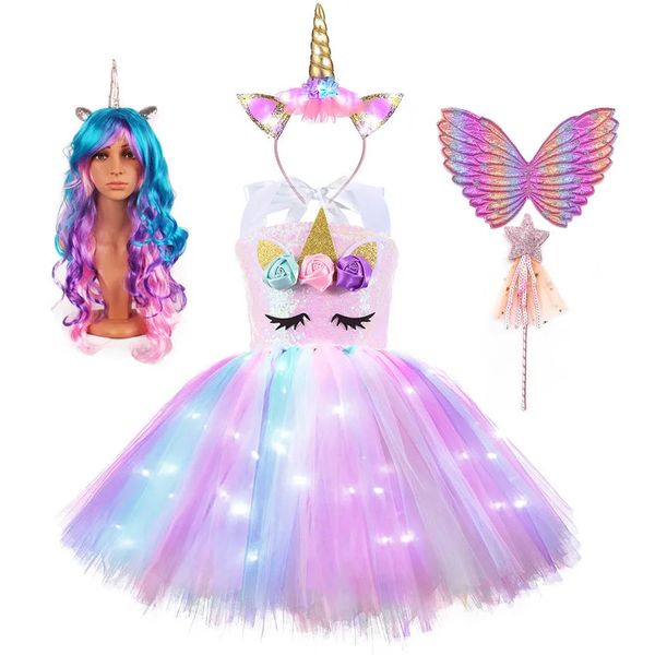 Robe de soirée licorne LED lumière brillante fleur filles Costumes pour fête d'anniversaire Halloween Cosplay Costume enfants vêtements de noël 240116