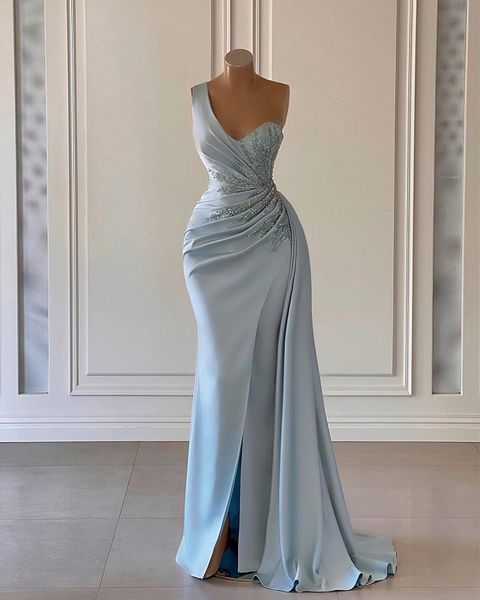 Soirée Unique Femmes Une Épaule Sans Manches Dos Nu Longueur De Plancher Robe Formelle Satin Appliques Paillettes Fente Latérale Robes De Bal Grande Taille Sur Mesure Sur Mesure es