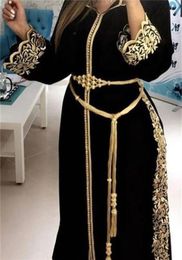 Soirée V-colme à manches longues Gold Applique Robe Black Robe Perle Marocain Kaftan Robe arabe Robe haute broderie en dentelle personnalisée 240326