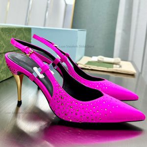 Avond dames satijnen hakpompen met kristallen verfraaid strass schoenenpak voor het dragen in feestklassieker Slingback stiletto hakken luxe ontwerpers met doos
