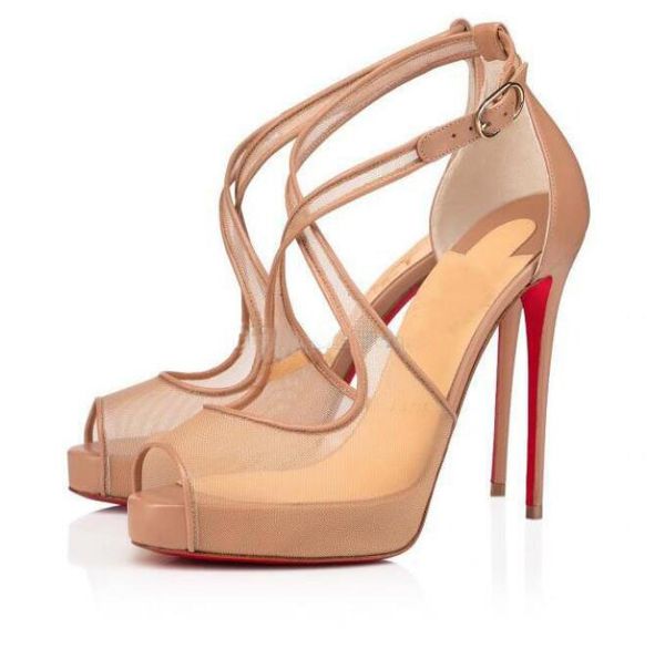 Sandes Crisscross Sandales Crisscross Summer Mariacar Stiletto talon Nude Nude Mesh Pumps Red Sole High Talons Luxury Party Robe Peep-Toe Sandalias Original Boxeiro