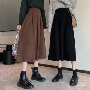 Ever Dames Corduroy Midi Rokken Vintage Bruin Zwart Hoge Taille A-lijn Vrouwelijke Lente Koreaanse Mode Lange Rok 220401