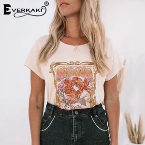 Everkaki Boho Gypsy Girl Imprimer T-shirt Tops Coton Enfant Sauvage Abricot O Cou Bohème Top T-shirts Femme 2019 Printemps Été Nouveau J190427