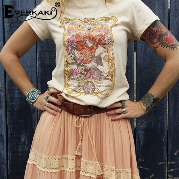Everkaki Boho Gypsy Girl Imprimer T-shirts Tops Rétro Coton Abricot O Cou Bohème Top T-shirts Femme Printemps Été Nouveau 210304