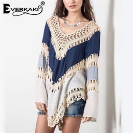 Everkaki Boho Hollow Out Patchwork Blusas Mujer Camisas Tallas grandes Manga larga Suelta Bohemia Tops Blusa Mujer Primavera Nuevo 201201