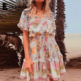 Everkaki Vintage femmes imprimé floral gland volants plage bohème mini robe dames lâche col en v rayonne Boho robe nouveau T200604274c