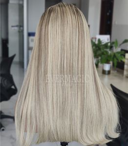 Evermagic-pelucas de cabello humano con encaje frontal, sin capas, resaltado Balayage, línea de cabello súper Natural Rubio platino