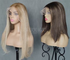 Evermagic Geen Gelaagd Lace Front Pruiken van echt haar Balayage Highlight Bruin Blond Super natuurlijke haarlijn