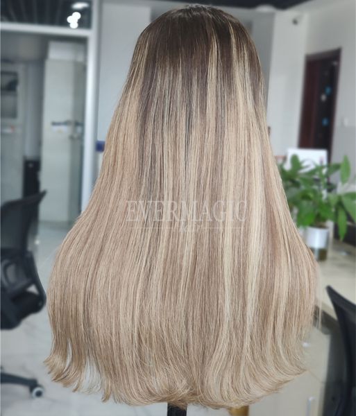 Evermagic-pelucas de cabello humano con encaje frontal, sin capas, resaltado de Balayage, línea de cabello súper Natural Rubio fresa