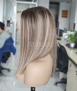 Evermagic aucune couche courte dentelle avant perruques de cheveux humains Balayage mettre en évidence brun blond Super naturel ligne de cheveux