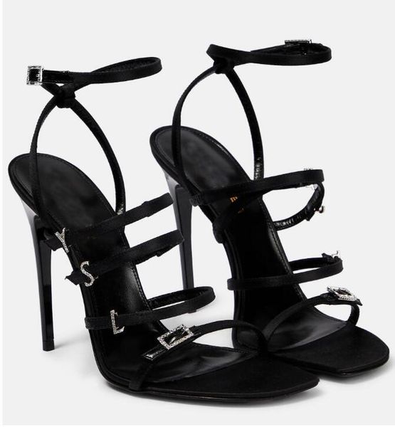 Tous les jours été marque Jerry sandales chaussures femmes cristal orné de boucles en satin sangle talons hauts noir dame sandalias robe de mariée EU35-43