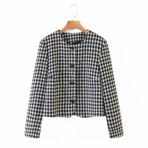 Evfer Herfst Dames Casual Houndstooth Wollen Korte Jassen Vrouwelijke Elegante Lange Mouw Single Breasted Uitloper Jas Femme Chic 210421