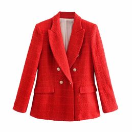 Evfer Mode Vrouwen Dubbele Breasted Lange Mouw Za Rood Tweed Slanke Blazer Uitloper Chic Lady Casual Zakken Dikke Jassen 210421