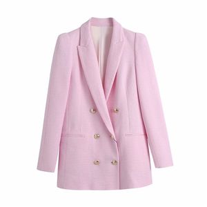 Evfer Primavera Otoño Moda Chica Doble Pecho Za Pink Long Blazer Outwear Mujeres Elegante Manga Slim Woolen Chaquetas Chic 211122