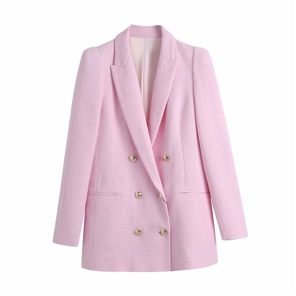 Ever Spring Automne Fashion Fille Double boutonnage Za Pink Long Blazer Outwear Femmes Femmes Sleeve Slim Vestes de laine Chic 210930