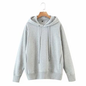 Evfer Vrouwen Herfst Casual Lange Mouwen Solid Katoen Losse Hoodies Vrouwelijke Mode Trekkoord Kraag Hooded Grijze Pullover Warm Tops 210421