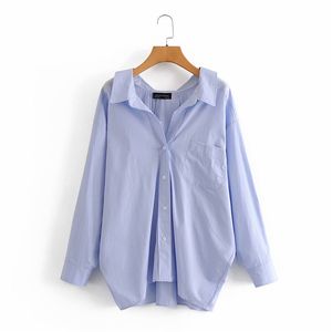 Evfer Femmes Casual Za Bleu Lâche Popeline Chemises Oversize Tops Dames De Mode À Manches Longues Unique Poitrine Col Rabattu Blouse 201126