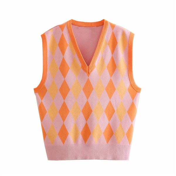 EVER Moda Moda Argyle Punto ZA Spring OrangePink Color Pullover Chalt Chic Lady Casual V-Cuello V-cuello Sueños sin mangas Flojo 210421