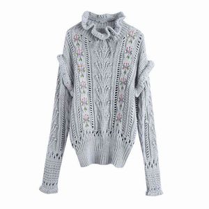 Evfer Femmes Mode Fleur Broderie Za Gris Long Chandails Femme Automne Casual Cordon Col Roulé Hauts Tricotés Y1110