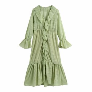 Evfer Femmes Mode Sprint Plissé Volants Vert Robes Longues Chic Dame Élégante Col En V Manches Dot Imprimer Robe En Mousseline De Soie 210421