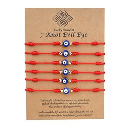 Evil Blue Eye 7 Knot Lucky Armbanden Verstelbare Rode String Amulet voor Dames Mannen Mannen Kleine Jongens Meisjes