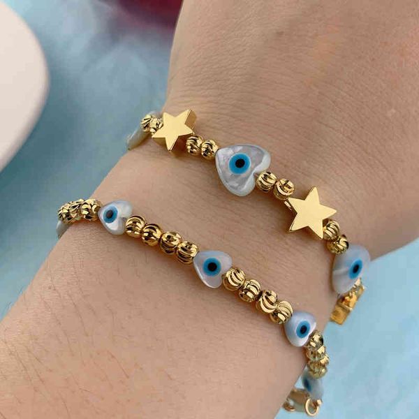 Pulsera con abalorio de ojo malvado, pulseras con cuentas redondas de estrella de Metal de concha de perla Natural a la moda para mujeres y niñas