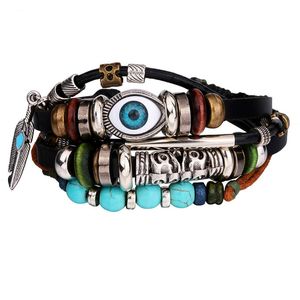 Pulseras con dijes de mal de ojo, pulsera de cuentas de cuero trenzada multicapa, pulsera con cuentas de turquesa para hombres, joyería de moda