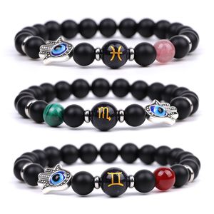 Evil Eye Twelve Constellations Bracelet 8 mm Rose noire emmêlée Amethyst Tiger's Eye Agate Bracelet Men Women Yoga Guérisse Balance bracelet