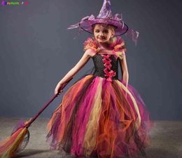 Boze Heks Halloween Kom voor Meisjes Kleur Magische Jurk Tutu Jurk met Hoed en Bezem Kinderen Cosplay Carnaval Party Fancy Jurken L22076967053