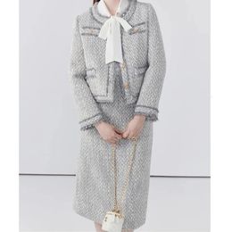 ENNISI automne hiver femmes Tweed jupe ensemble élégant à manches longues simple boutonnage rayure manteau moulante a-ligne jupe deux pièces ensemble 240129
