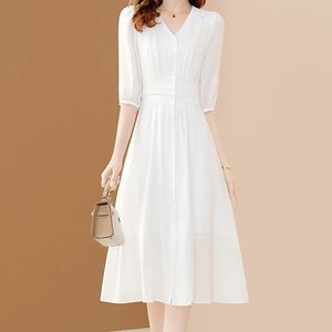 Evnisi Femmes Elegant White V-Neck Murffon Robe Chic Short Mancheve Bureau A-Line Robes Fairy Vestido Summer 240424