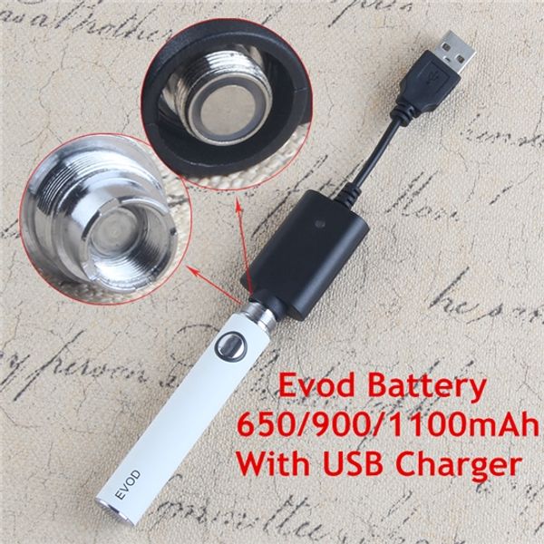Batterie Evod 650 900 1100mAh Ecigarette 510 Thread Ego T Batteries avec câble de chargeur USB pour MT3 Mini Pro réservoir Atomiseur Vape Starter Kit