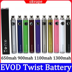 EVOD Twist Batterie 650mah 900mah 1100mah 1300mahBatteries de tension réglables Vape 10 couleurs pour 510 fil atomiseur E Cigs vaporisateur stylo