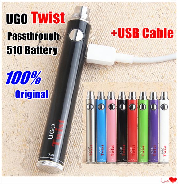Authentique EVOD Twist 510 Thread UGO Vape Batteries Kit de chargeur USB Tension variable 3.3 ~ 4.8V Ego Passthrough Oil Vaper Pens Batterie pour toutes les séries E Cigs Atomizer