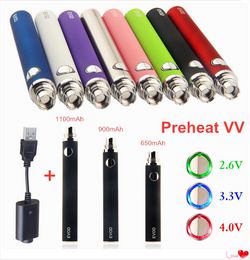 Evod Préchauffage VV Batterie 650/900 / 1100MAH Voltage variable E cigarette 510 Filetage Vape Pen E-CIG Chargeur USB EGO CE4 CE3 MT3