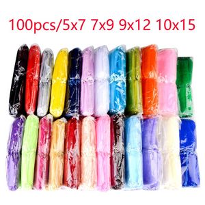 100 stcs/lot Groothandel Organza -tassen 5*7 7*9 9*12 10*15cm Drawable bruiloft Verpakking Geschenktas Party Sieraden Zakken Zakken Accessoires Juwelen Juwelige verpakking