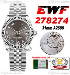 EWF 31 mm 278274 ETA A2688 Montre automatique pour femme Lunette cannelée Cadran gris rhodié Diamants VI Bracelet en acier Jubilé Super Edition Femme Même série Carte Puretime A1