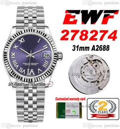 EWF 31 mm 278274 ETA A2688 Automatische dameshorloge geribbelde ring paarse wijzerplaat VI diamantmarkers Jubileesteel armband Super Edition Dames Same Series Card Puretime B2